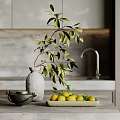 Modern Kitchen Countertop Ornamental Decor Set With Grey Vase Branches Black Teapot And Lemon Tray