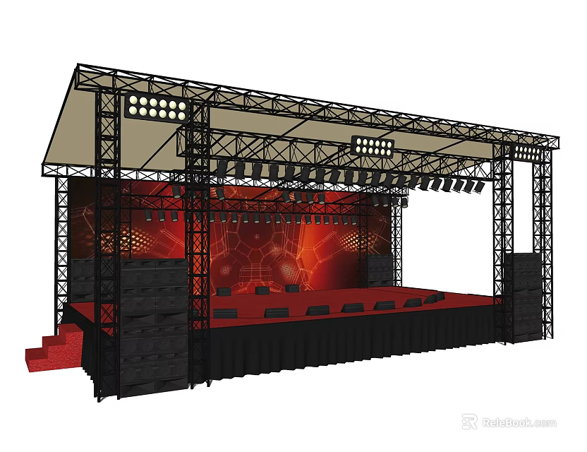 Professional Stage Setup With Metal Truss Red Backdrop Lighting And Sound System 3d model 
