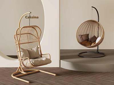Modern Rattan Hanging Chairs With Soft Cushions And Stylish Stands For Home Decor 3d model