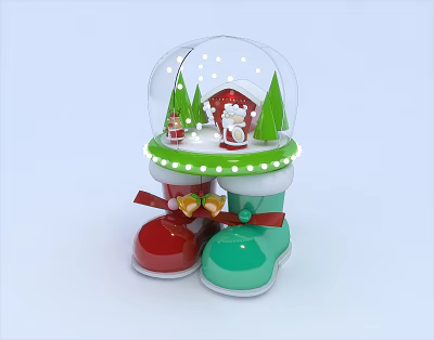 Christmas Decorative Ornament Set With Transparent Glass Dome Red House Green Trees And Boot Base 3d model