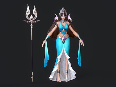 Fantasy Game And Movie Female Character In Blue White Dress With Ornate Headdress And Staff 3d model