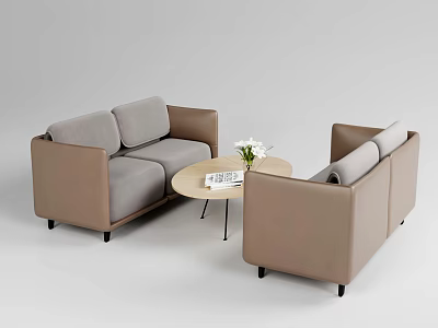 Modern Two Seater Sofa In Beige And Gray With Round Coffee Table And Flower 3d model
