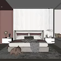 Modern Bedroom Interior With Striped Accent Wall Bed Nightstands And Elephant Toy Rug