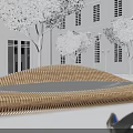 Outdoor Chair with Modern Striped Structure in Plaza near Trees Street Lamps and White Building