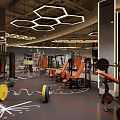 Modern Fitness Gym Interior With Geometric Lighting Treadmills And Equipment