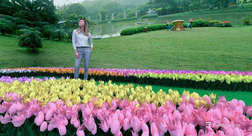 Woman Standing In Vibrant Tulip Field Enjoying Green Garden Lakeside View 3d model 