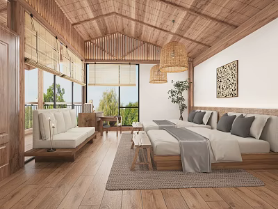 Cozy Natural Wooden Hotel Guest Room With Twin Beds And Beautiful Outdoor Landscape View 3d model