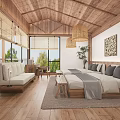 Cozy Natural Wooden Hotel Guest Room With Twin Beds And Beautiful Outdoor Landscape View