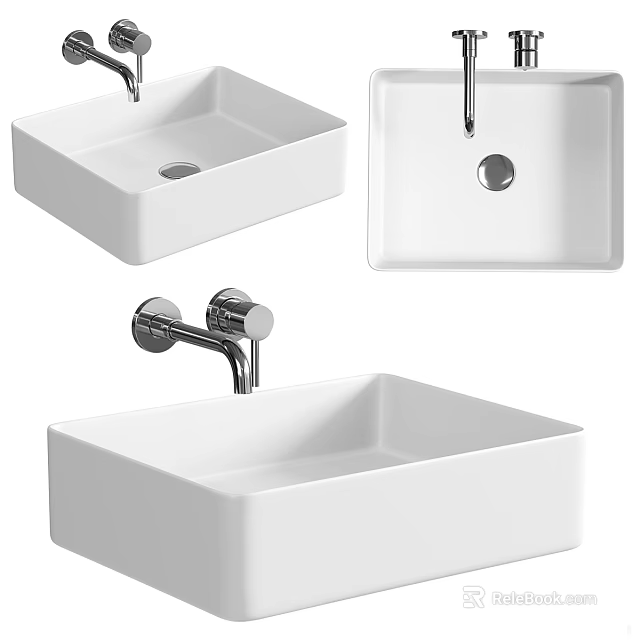 Square Countertop Washbasin With Chrome Faucet Displayed From Different Angles 3d model