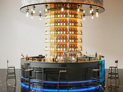 Modern Stylish Circular Bar Counter With Backlit Liquor Racks Warm Hanging Lights And Bar Stools 3d model