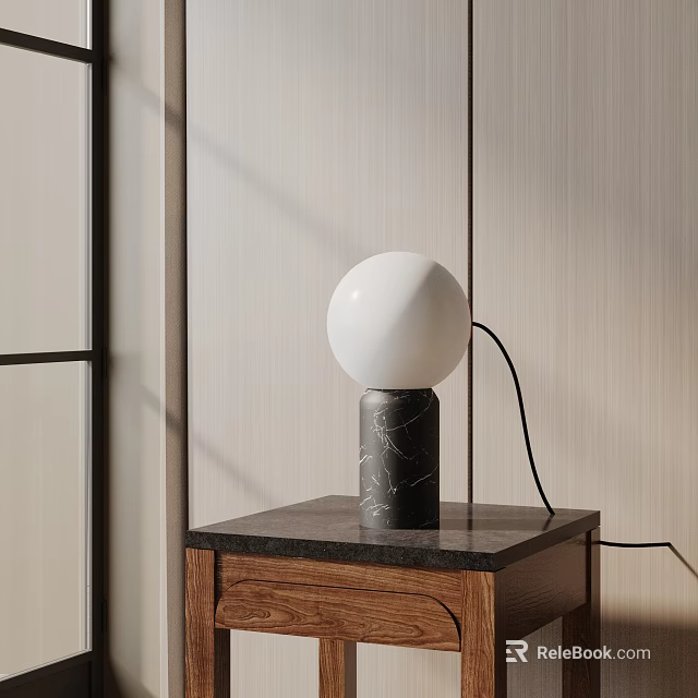 White Spherical Table Lamp With Marble Textured Base On Wooden Nightstand Against Wood Grain Wall 3d model 