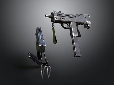 3D Rendered Firearms Equipment Including Submachine Gun And Magazine On Dark Background 3d model