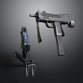 3D Rendered Firearms Equipment Including Submachine Gun And Magazine On Dark Background