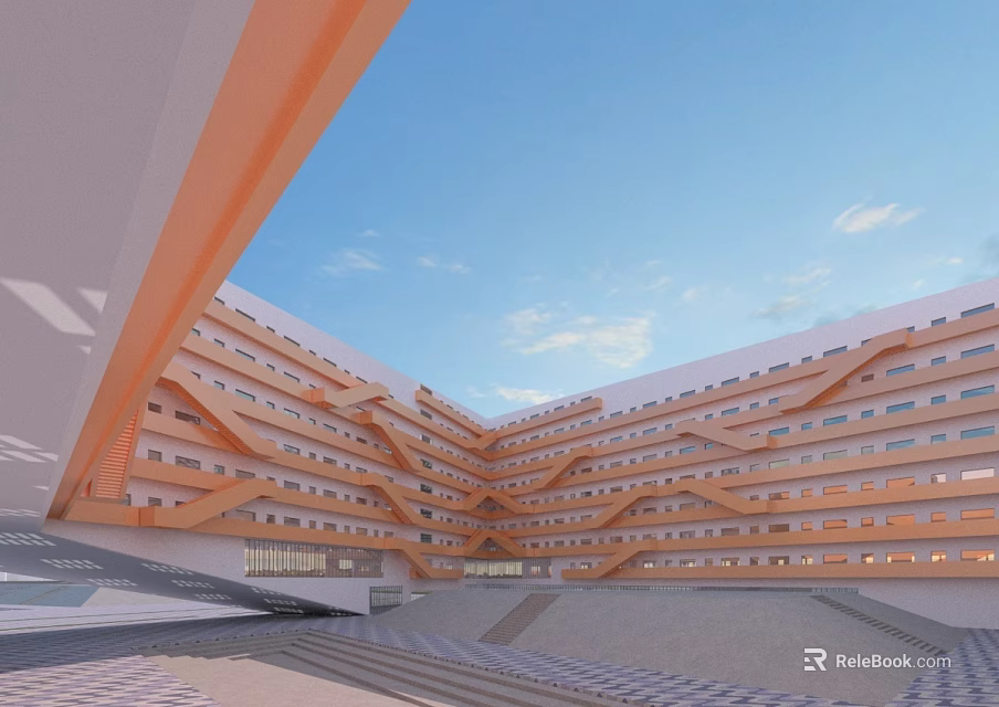Modern Geometric Office Building With Orange Facade Open Space And Blue Sky 3d model