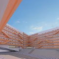 Modern Geometric Office Building With Orange Facade Open Space And Blue Sky 3d model