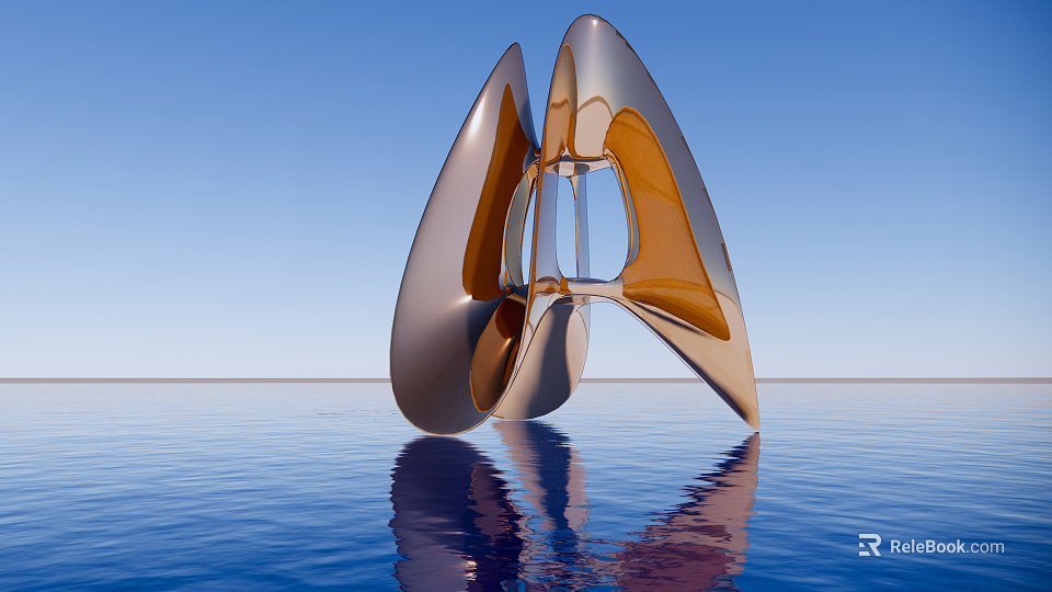 Modern Abstract Curved Metallic Sculpture in Silver and Orange on Calm Blue Water With Reflection 3d model 