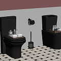Modern Bathroom With Black Toilets Striped Tiles Checkered Floor Towels And Toiletries