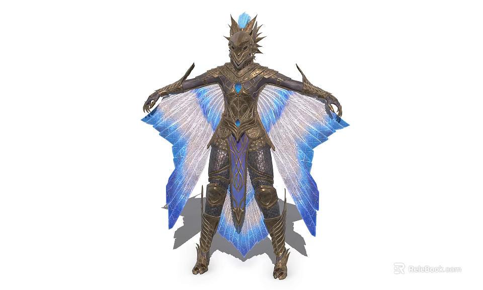Game and Movie Mythical Character with Golden Armor Blue Wings Spiked Headpiece Blue Gemstone 3d model 