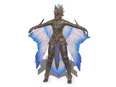 Game and Movie Mythical Character with Golden Armor Blue Wings Spiked Headpiece Blue Gemstone 3d model