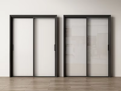 Modern Sliding Doors Black Frames Frosted Glass Panels With White Walls And Wooden Floor 3d model