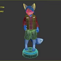 Blue Eared Anthropomorphic Fox In Plaid Shirt Vest Denim Shorts Standing On Black Base