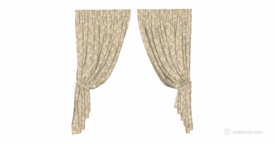 Beige Curtains With Intricate Pattern Tied With Matching Tassel Ties For Home Decor 3d model 