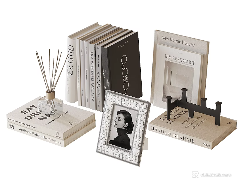 Elegant Book Collection With Decorative Books Scented Diffuser Photo Frame And Black Bookend 3d model 