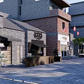 Traditional Commercial Street With Stone Paved Path Hanging Lanterns And Green Trees