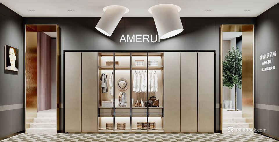 AMERUI Mall Store Featuring Modern Wardrobe Display With Clothes Bags And Shoes 3d model 