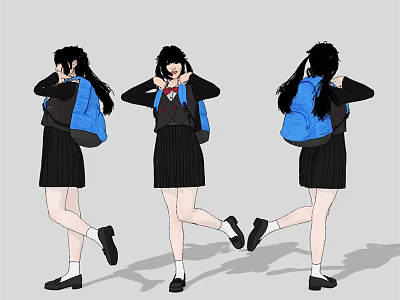 Young Women In School Uniform With Blue Backpacks And Different Poses 3d model