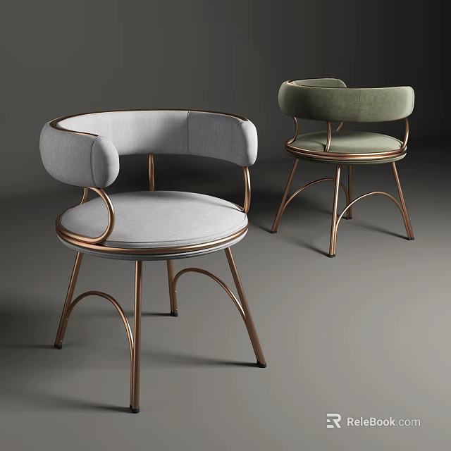 Modern Dining Chairs with Gray and Green Upholstered Seats and Copper Metal Curved Frame Structure 3d model 