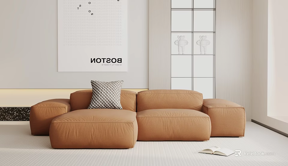 Tan Modular L Shaped Sofa Set With Plaid Pillow And Window Background 3d model