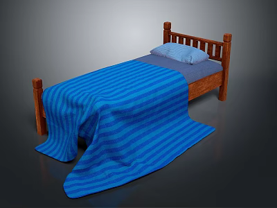 Single Bed with Wooden Frame Blue Striped Blanket Draped and Blue Pillow 3d model