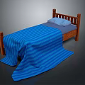 Single Bed with Wooden Frame Blue Striped Blanket Draped and Blue Pillow