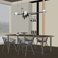 Modern Dining Table Set with Woven Chairs and Hanging Pendant Lights in Light Wood Interior