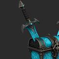 Blue Glowing Treasure Chest With Ornate Design And Two Swords On Top