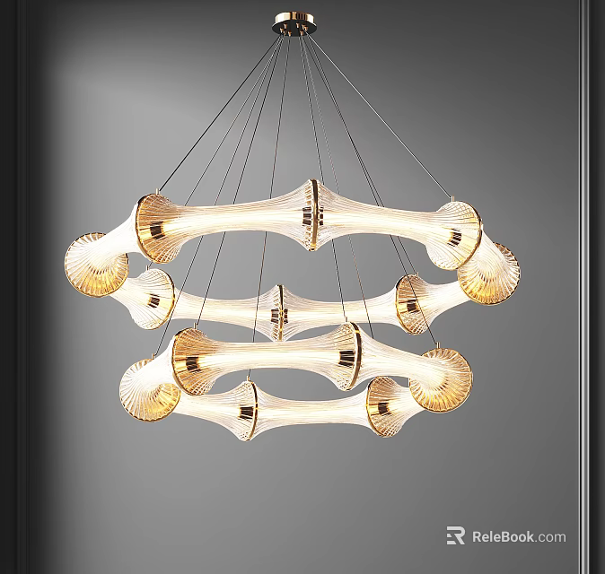 Three Tiered Bone Shaped White And Gold Chandelier Hanging In Gray Background Interior Decor 3d model 
