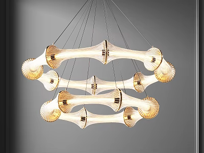 Three Tiered Bone Shaped White And Gold Chandelier Hanging In Gray Background Interior Decor 3d model