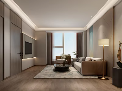 Elegant Modern Living Room Design With Cozy Sofa Round Coffee Table And Soft Ambient Lighting 3d model