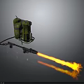 Portable Military Flamethrower Weapon With Green Fuel Tanks Emitting Flaming Orange Jet