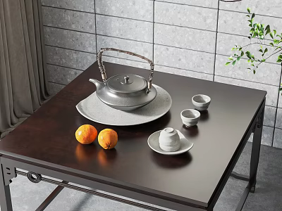Traditional Tea Set With Teapot Tea Cups On Dark Table With Oranges And Green Plant 3d model