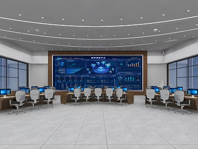 Modern Monitoring Room Interior With Large Data Screen Control Consoles Computers And Chairs 3d model