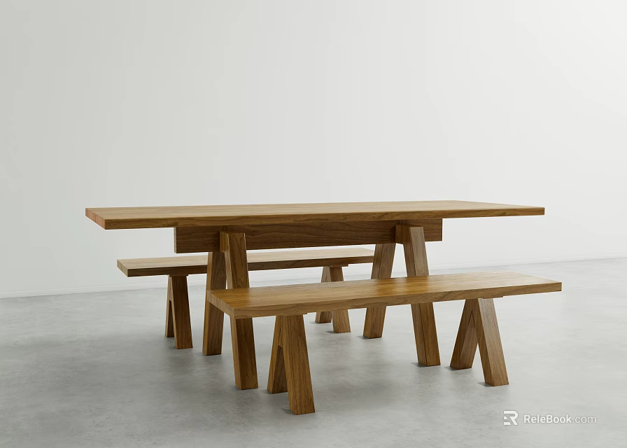 Modern Solid Wood Dining Table Set with Two Matching Benches in Minimalist Style 3d model