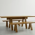Modern Solid Wood Dining Table Set with Two Matching Benches in Minimalist Style 3d model