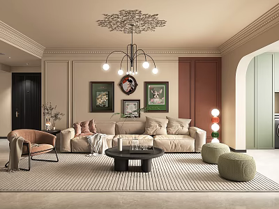 Luxurious Living Room Interior With Chandelier Framed Paintings Round Clock Beige Sofa And Green Ottomans 3d model
