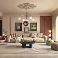 Luxurious Living Room Interior With Chandelier Framed Paintings Round Clock Beige Sofa And Green Ottomans