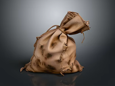 Worn Brown Cloth Bag With Stitched Details On Dark Reflective Background 3d model