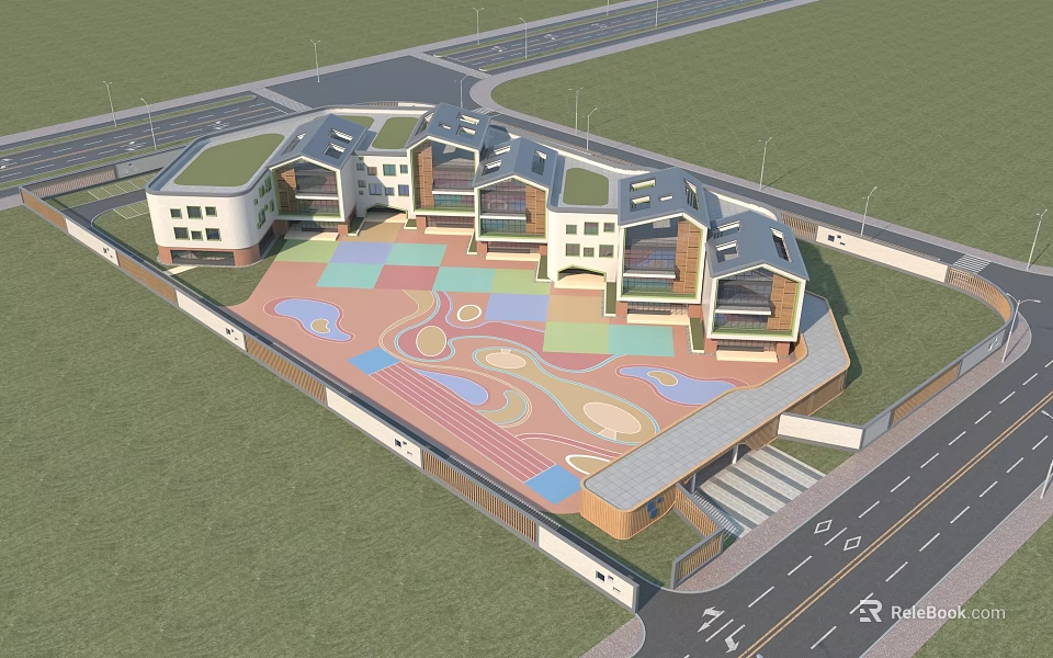Modern School Building Complex With Connected Structures Colorful Playground And Green Lawn Area 3d model 