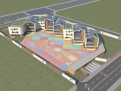 Modern School Building Complex With Connected Structures Colorful Playground And Green Lawn Area 3d model