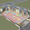 Modern School Building Complex With Connected Structures Colorful Playground And Green Lawn Area